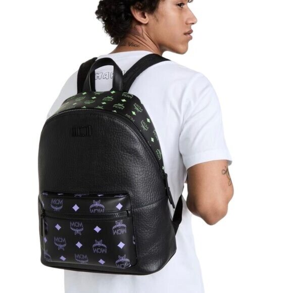 NEW MCM Color Splash Visetos Backpack Green Purple Medium Mixed Leather Bookbag - Picture 5 of 12